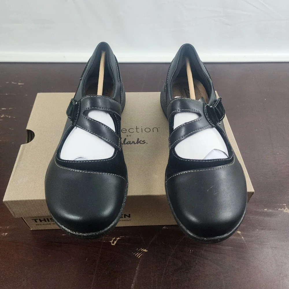 Clarks Roseville Jane‎ Black Combi Leather Mary Jane Flats Women's Size 9M